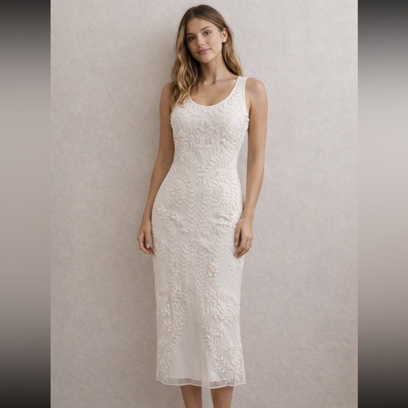 Adrianna Papell Ivory Embroidered sleeveless MIDI dress